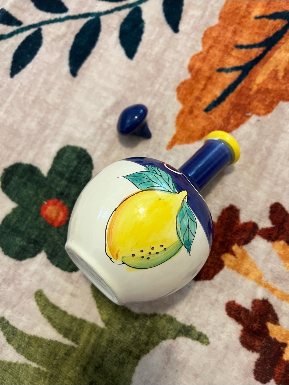 Like NEW Hand-Painted Lemon Ceramic Bottle, Danny DeVito - Blue & Yellow